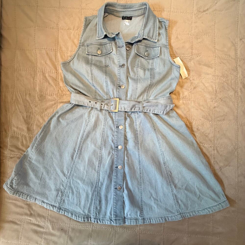 VENUS Light Wash Denim Belted Button Front Dress Size 16
